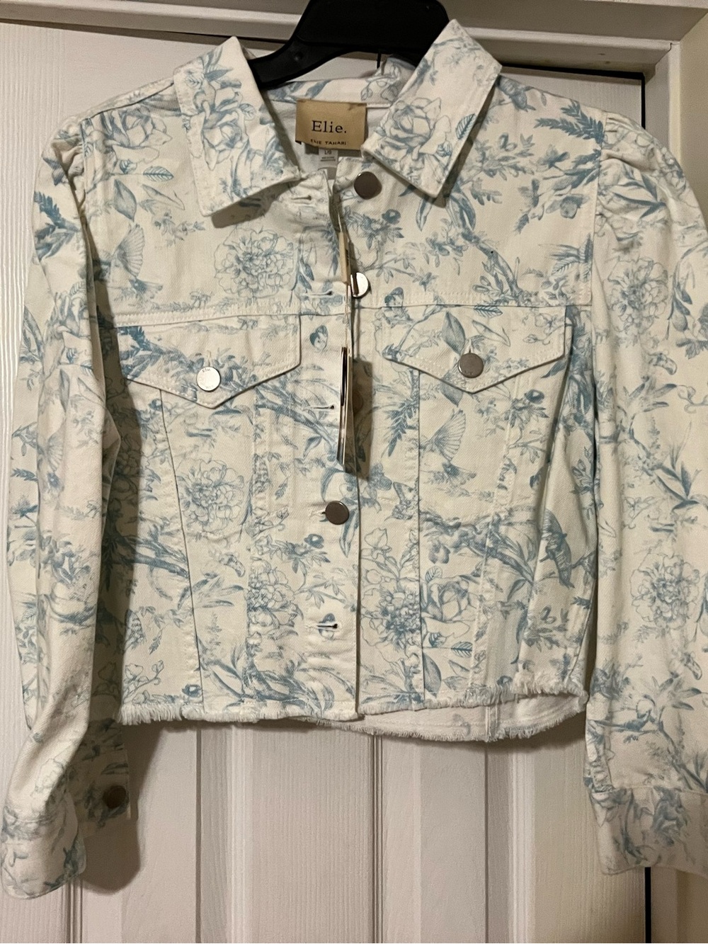 Elie Tahari White Denim Jacket with Light Blue Floral Print